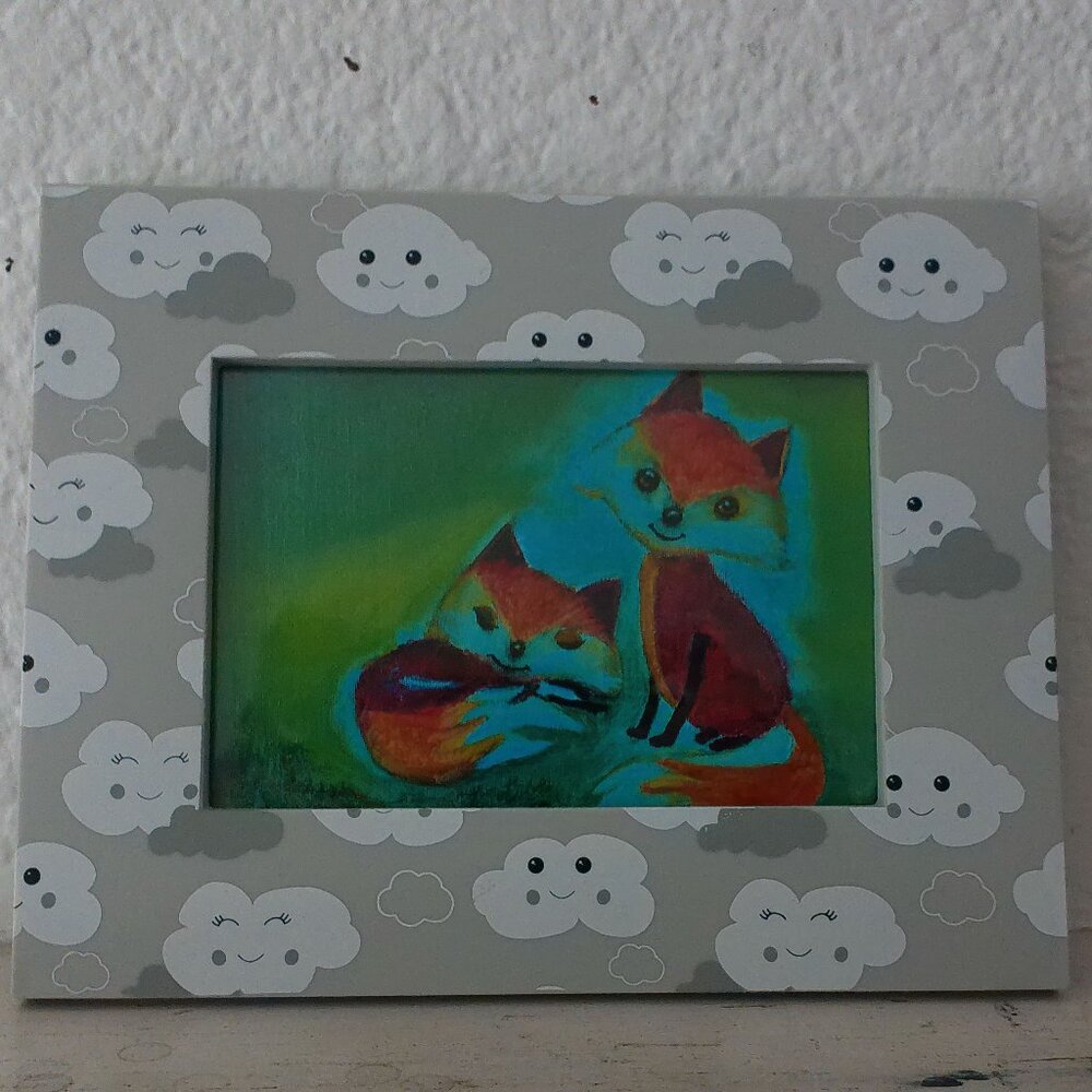 Red Fox 4x6 Art print within a cloud Frame, adorable, cute, baby animal, relax